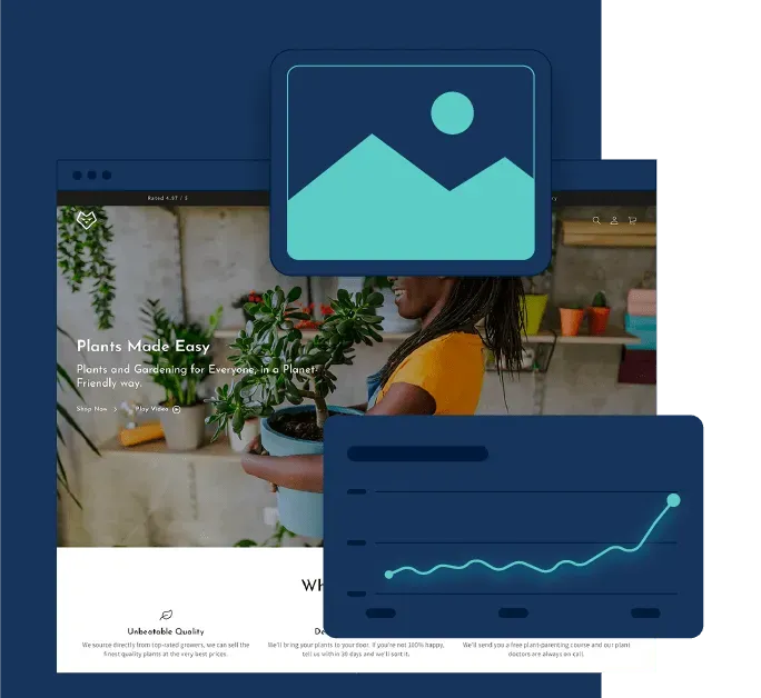 Website mockup with image of a woman with plants, plus an icon and a chart, all in blue and teal.