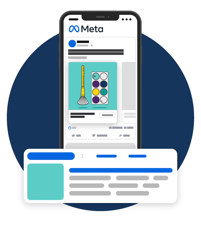 Smartphone showcasing a Meta ad with a cartoon mop and color palette, over a profile snippet on a dark blue background.