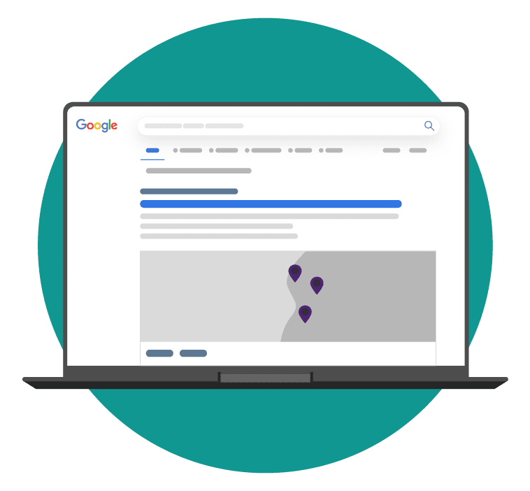 Laptop displaying a Google search results page with a map and location markers, set against a teal circle.