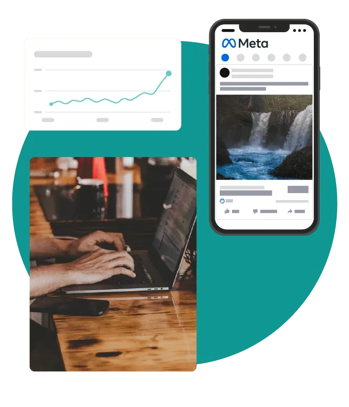 Person typing on laptop, graph, and Facebook post on teal background.