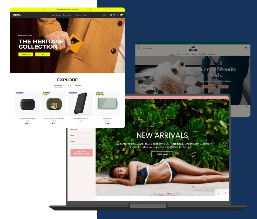 Laptop displaying three e-commerce websites: men's fashion, decor, and swimwear.