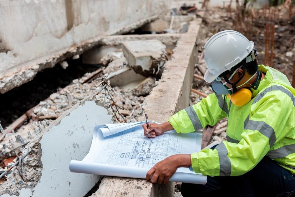 A Construction Worker Is Kneeling Down and Looking at A Blueprint — Formosa Building And Renovations in Childers, QLD