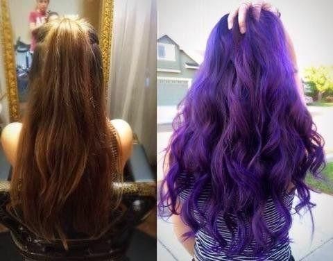 Before-and-after hair color transformation: long brown hair changed to wavy purple hair.