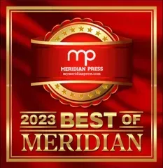 Red and gold “2023 Best of Meridian” award badge with Meridian Press logo and website.