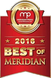 2016 Best of Meridian red-and-gold award emblem with Meridian Press logo