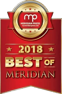 2018 Best of Meridian red award badge with gold stars and Meridian Press logo
