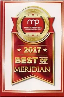 2017 Best of Meridian award plaque in red and gold with Meridian Press logo