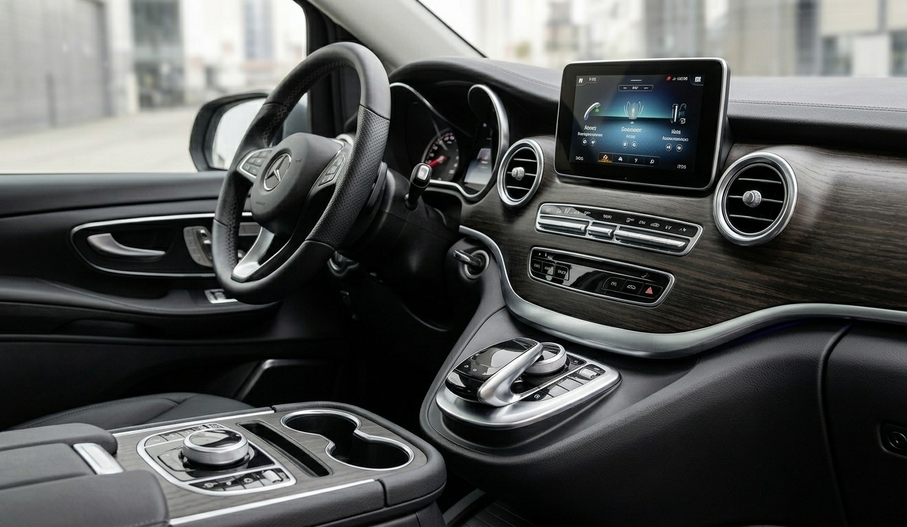 Interni di lusso per auto con sedili in pelle nera, volante, display del cruscotto e console centrale