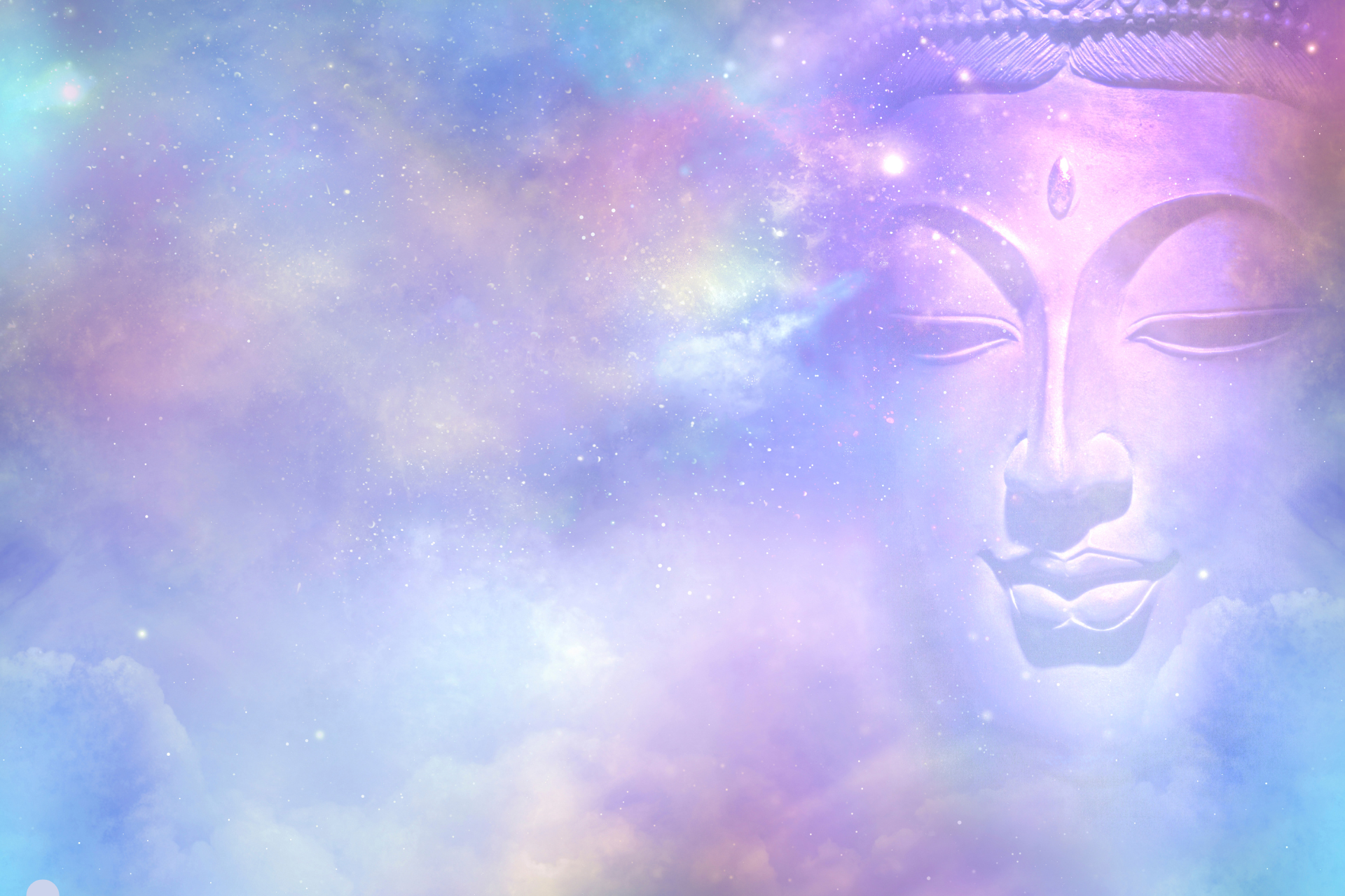 El rostro sereno de Buda dentro de una galaxia vibrante de tonos pastel púrpuras, azules y rosas.