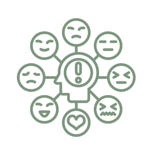 Ilustración verde: Una cabeza con un signo de exclamación rodeada de varios emojis de emociones.