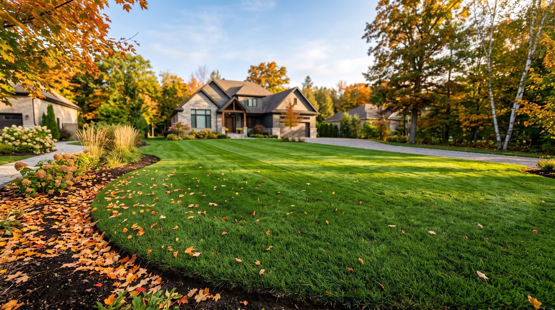 Lush deep-green cool-season fescue lawn in autumn morning light during fall fertilization season