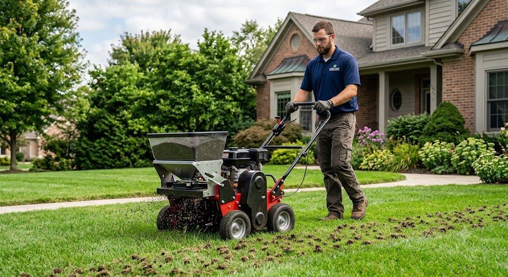Lawn care professional performing core aeration and overseeding on a healthy residential lawn