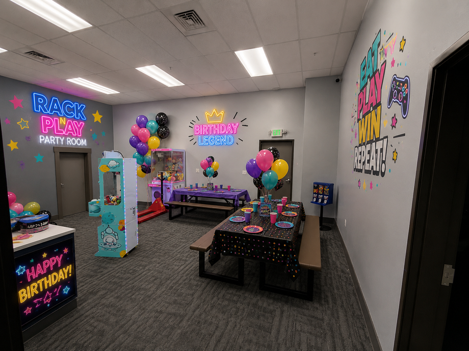 Neon-decorated birthday party room with balloons, tables, and colorful signs