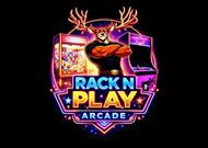 Neon deer arcade logo with antlers and &ldquo;RACK N PLAY ARCADE&rdquo; text on a black background