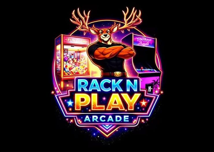 Neon deer arcade logo with antlers and &ldquo;RACK N PLAY ARCADE&rdquo; text on a black background