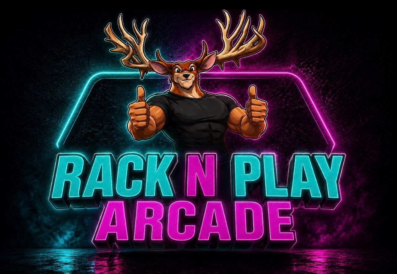 Neon arcade logo with a deer mascot giving thumbs up, text “RACK N PLAY ARCADE” in blue and pink.