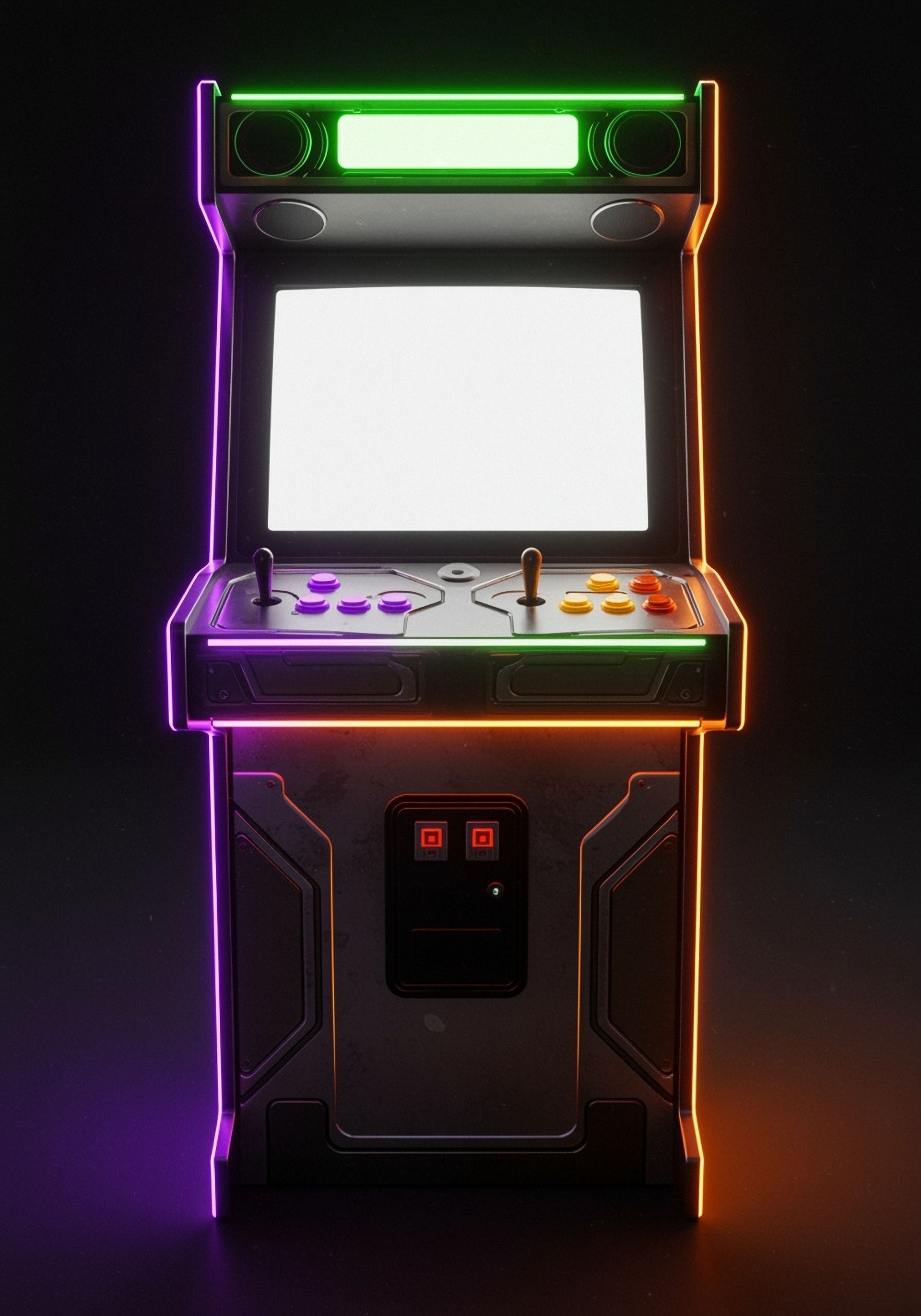 Neon-lit arcade machine with glowing purple, orange, and green edges on a dark background