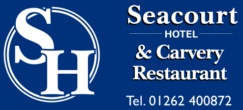 Logo for Seacourt Hotel & Carvery Restaurant with a blue background,
