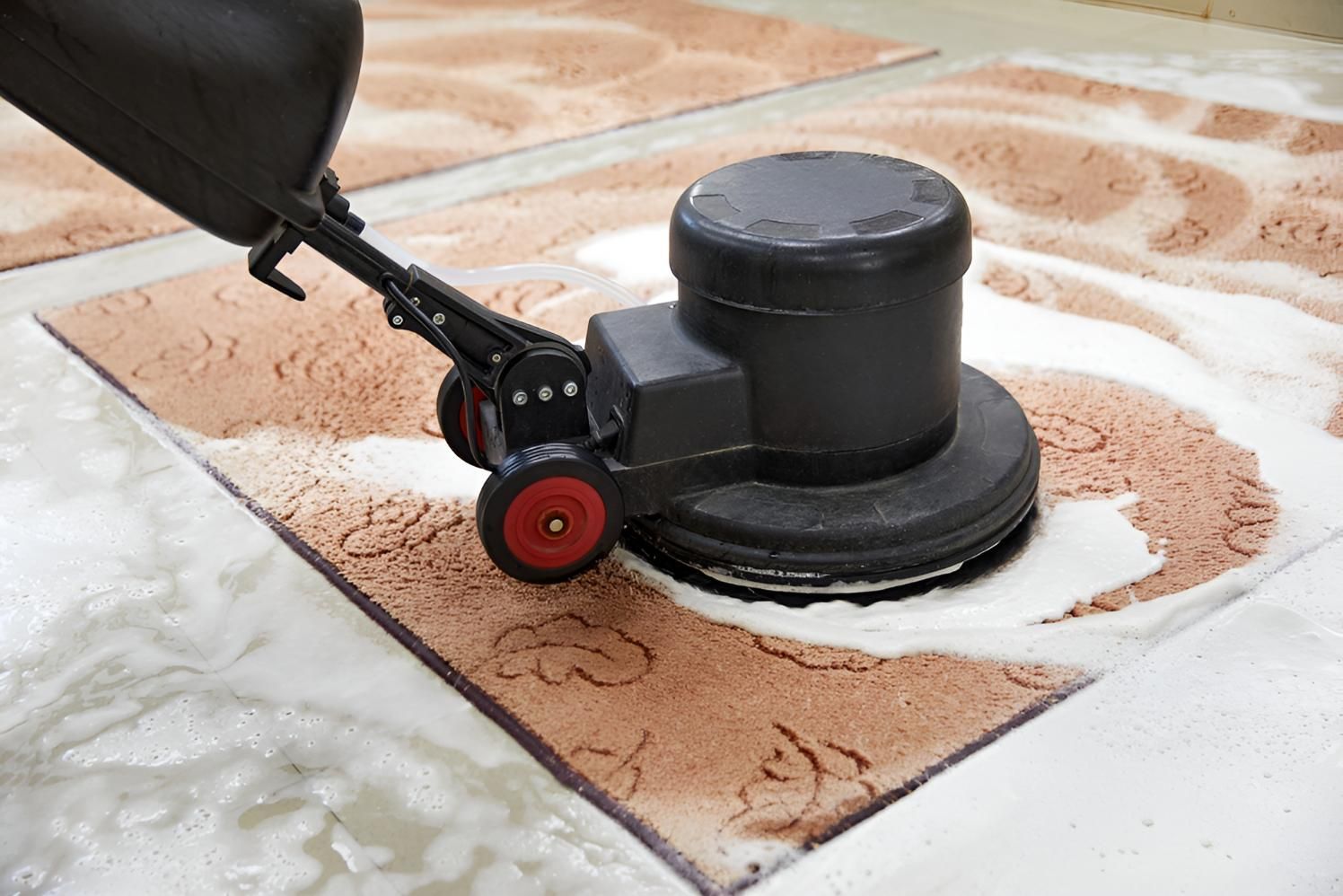 Person is Cleaning a Rug With a Machine — Affordable Carpets & Mats in Burpengary, QLD