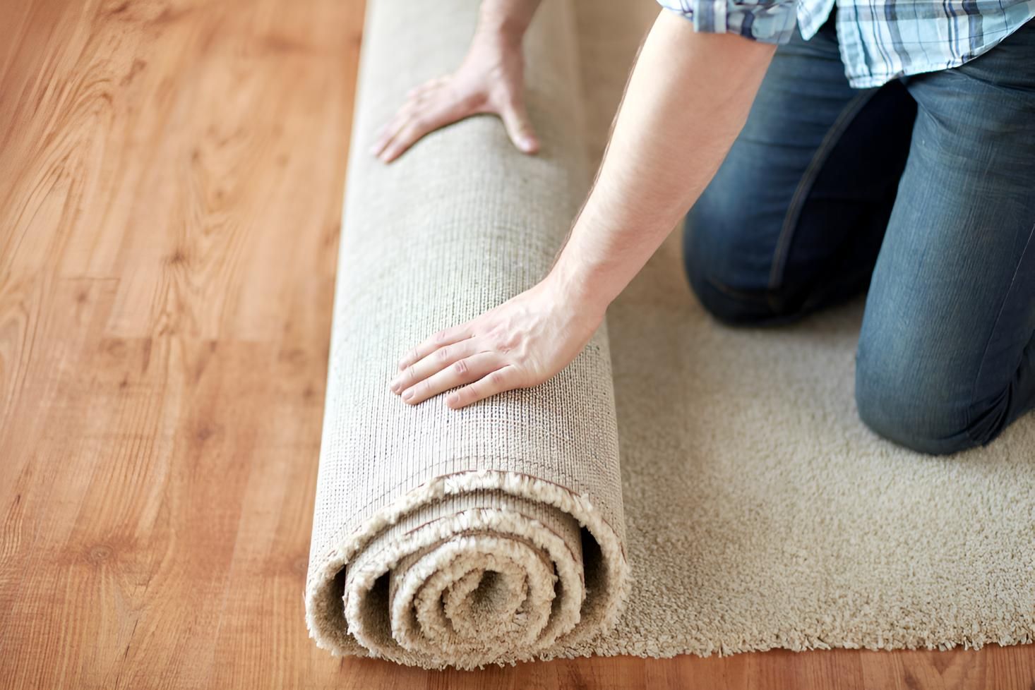 Person is Rolling a Carpet — Affordable Carpets & Mats in Elimbah, QLD