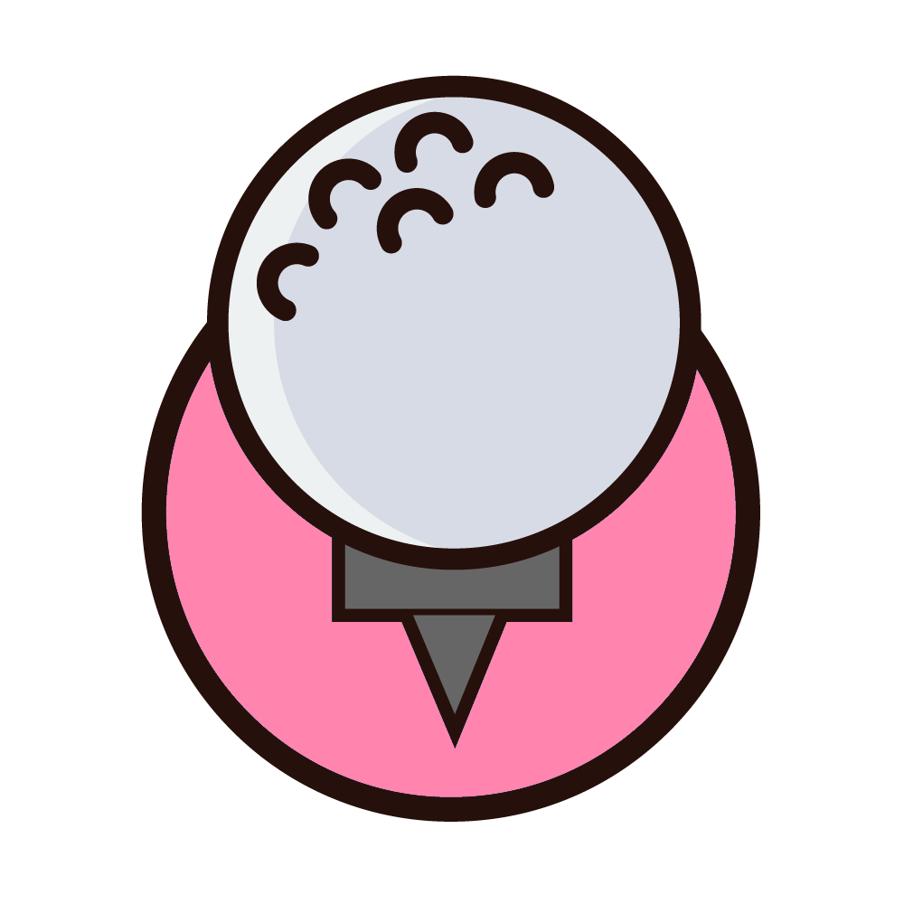 Golf ball on a pink tee, outlined in brown, with a gray base.