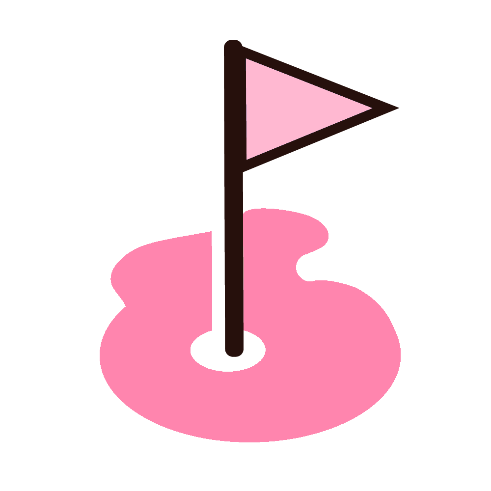 Pink golf flag in a pink hole; black flagpole with a black-lined pink flag.