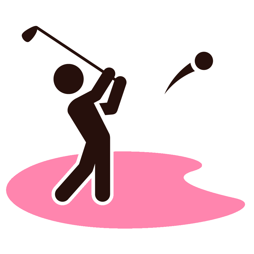 A golfer swinging a club on a pink putting green, hitting a golf ball.