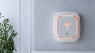 Wall-mounted smart doorbell with glowing orange ring on a light gray wall beside a plant.