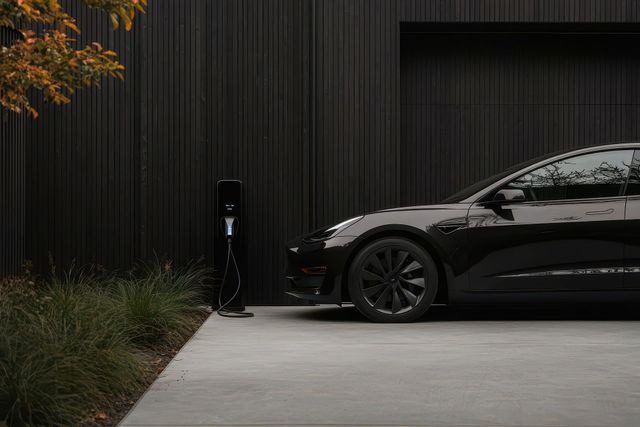 Black car parked beside a charging station near a dark wooden wall at dusk