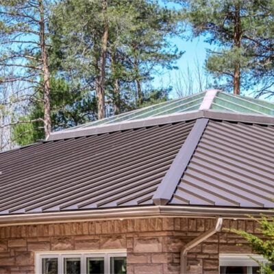 Dark brown metal roof on a stone house with a glass skylight, set against a backdrop of pine trees.