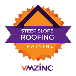 VMZINC logo featuring a stylized purple roof icon over a yellow sunburst background with text: STEEP SLOPE ROOFING TRAINING.