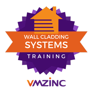 A purple and orange badge for VMZINC Wall Cladding Systems training featuring a stylized house icon.