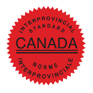 A red, starburst-shaped seal featuring the text "Interprovincial Standard" and "Norme Interprovinciale" with "Canada" inside.