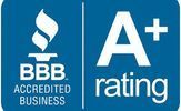 The bbb accredited business a+ rating logo is blue and white.