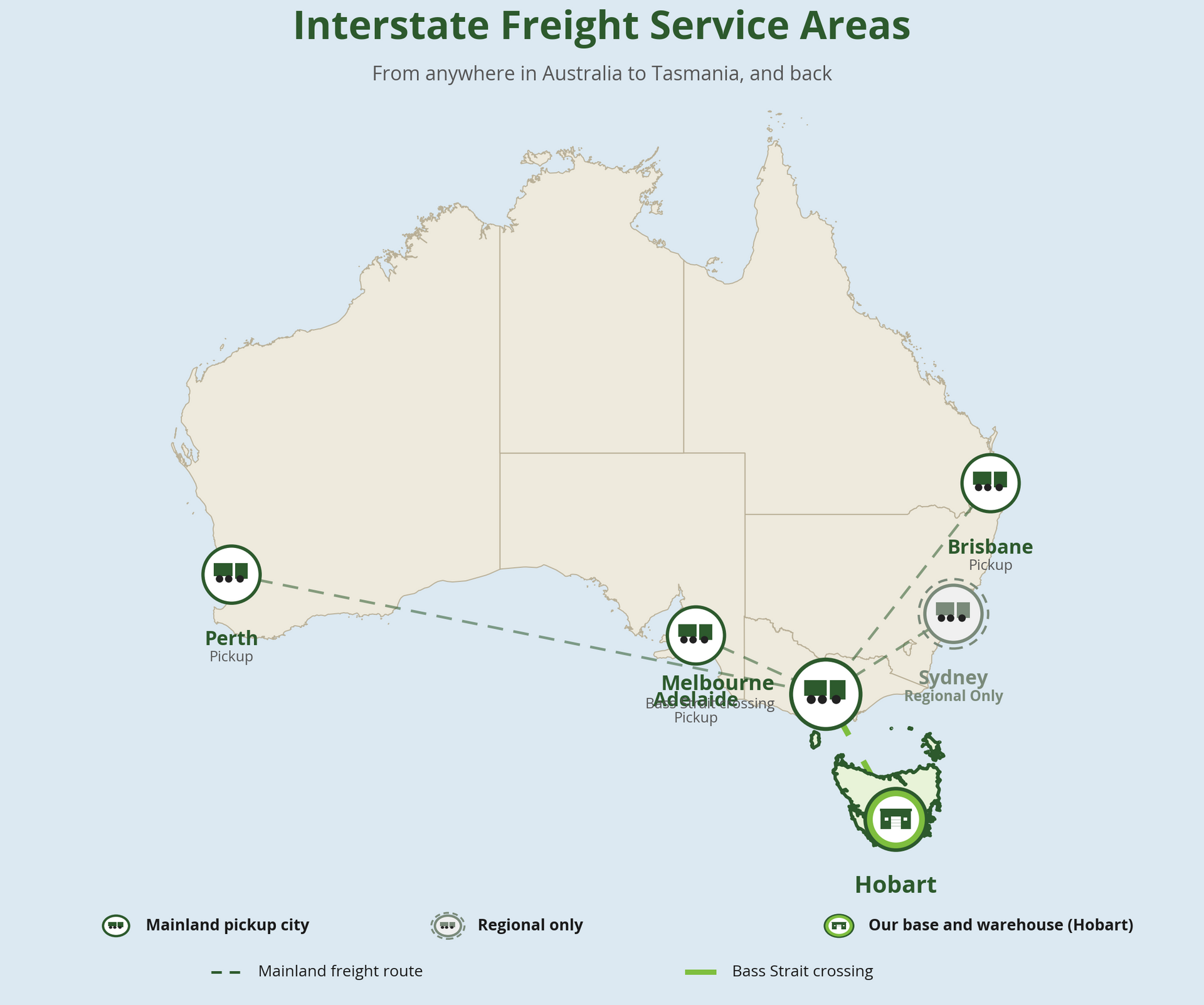 Map of Interstate Freight Service Areas with green marked cities across Australia