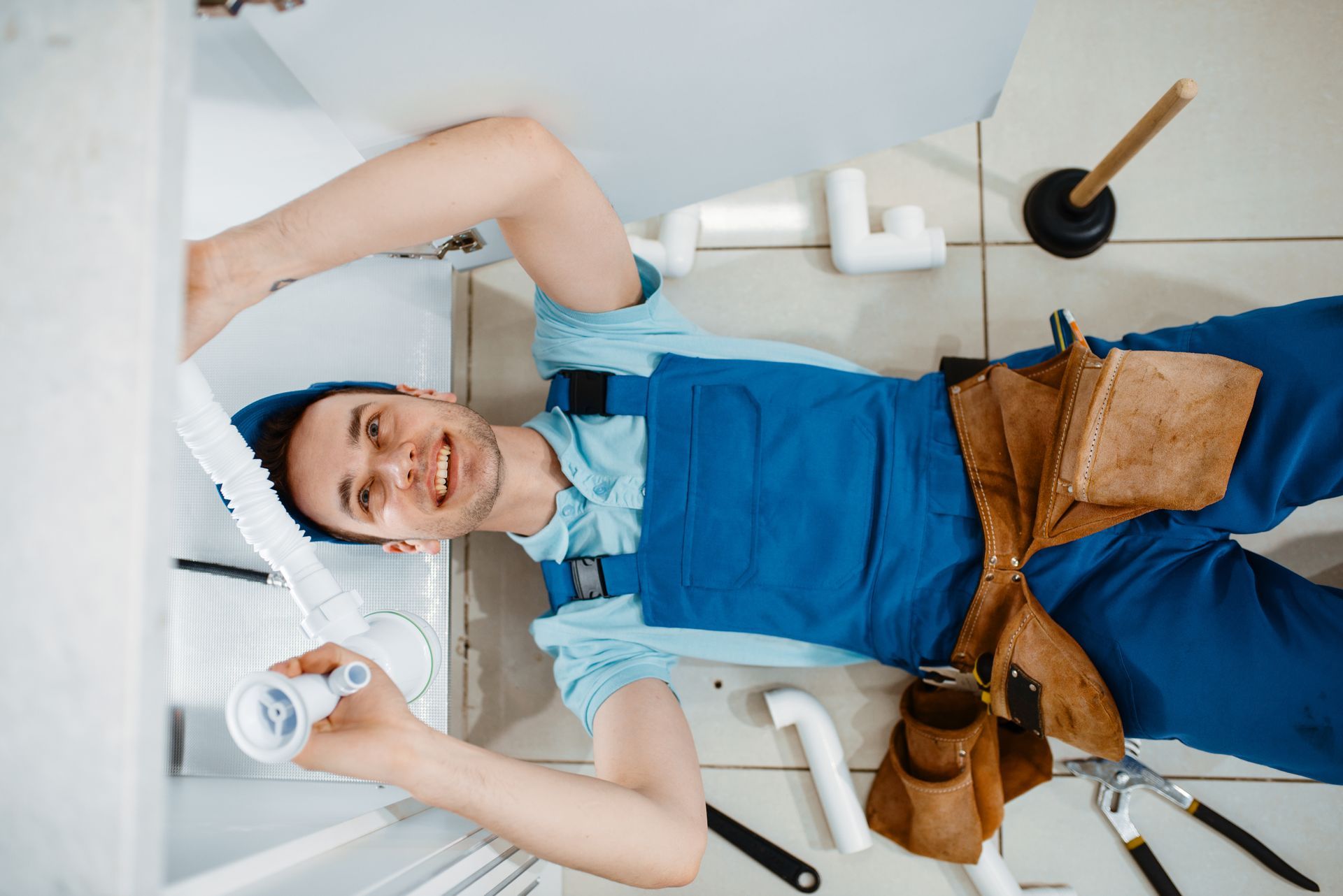 Plumber fixing a pipe under the sink, holding tools and wearing blue work overalls and gloves