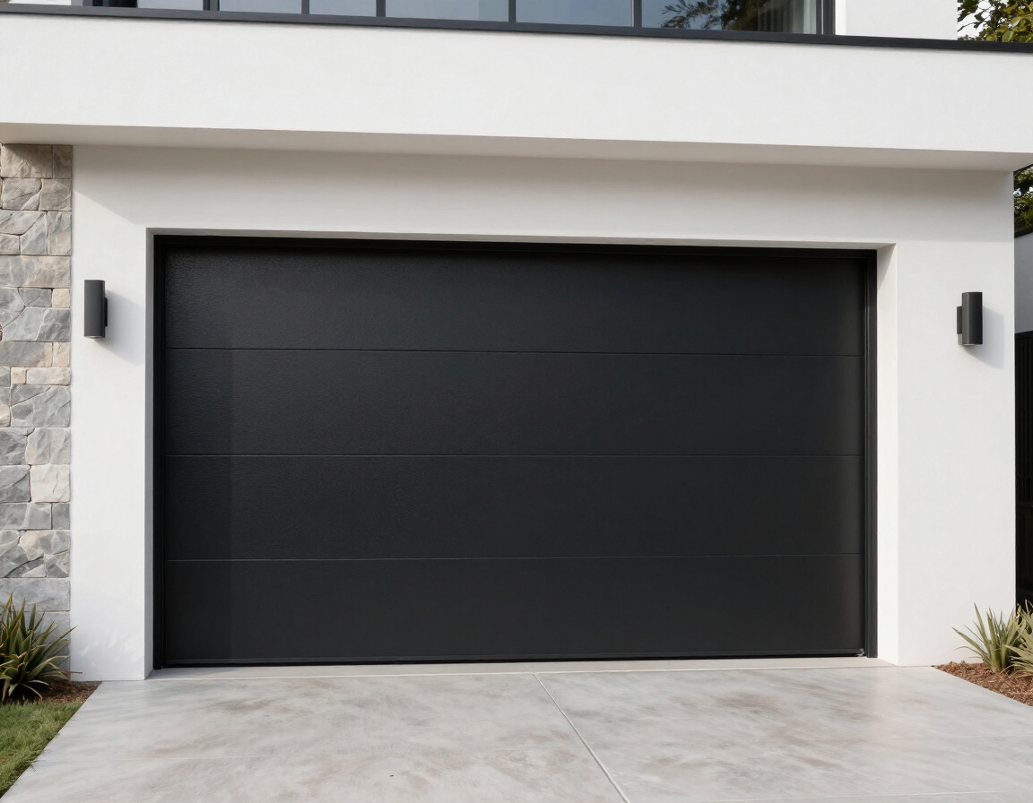 Exterior de una casa moderna con una gran puerta de garaje negra y fachada de estuco blanco.