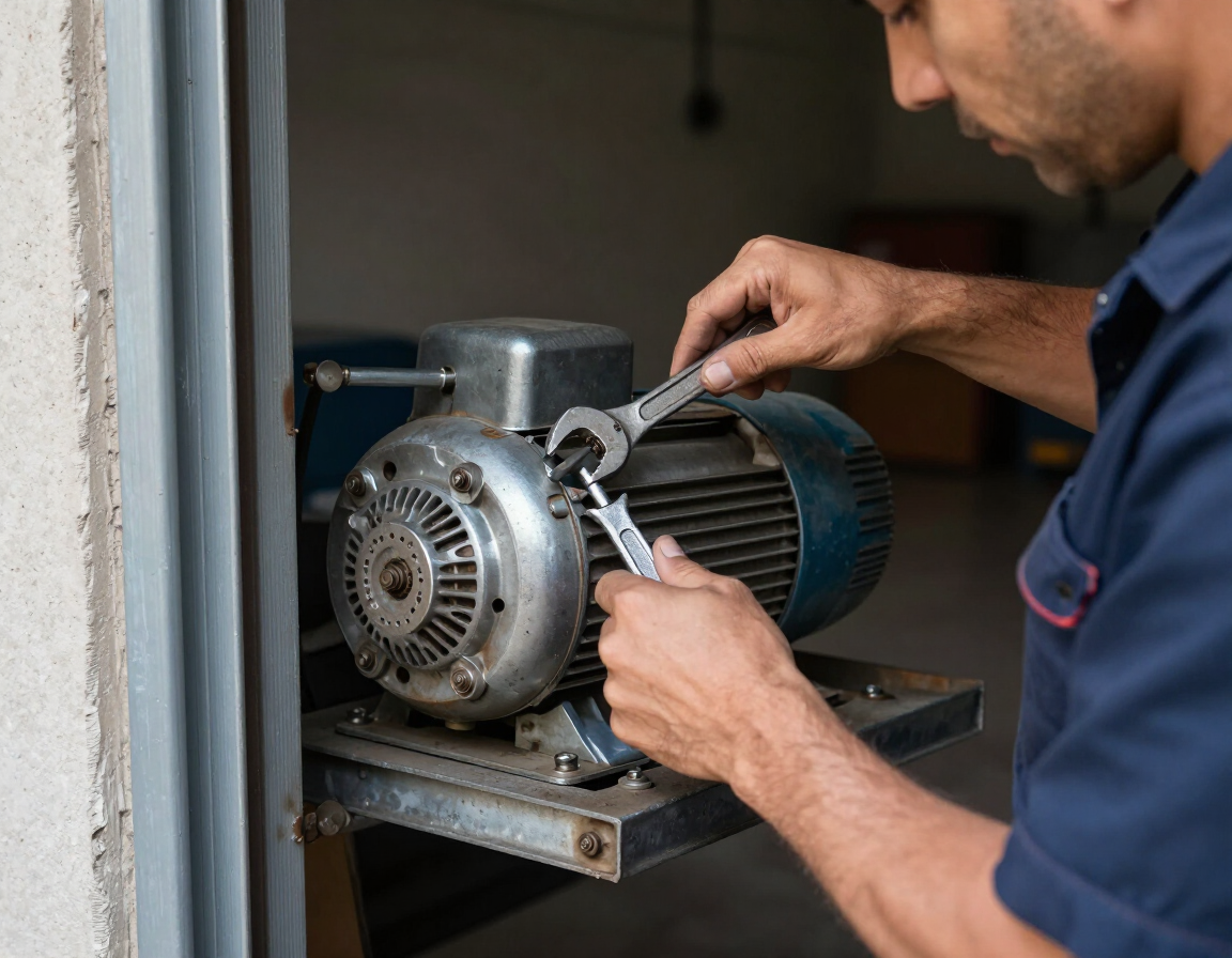 Técnico utilizando una llave inglesa para reparar un motor en un banco de trabajo.