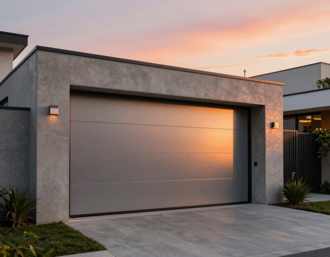 Exterior de una casa moderna con la puerta del garaje gris cerrada al atardecer.