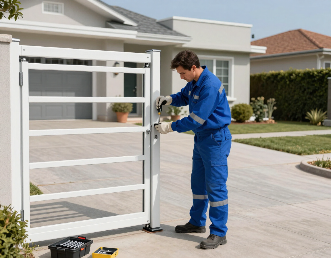 Trabajador con mono azul instalando una puerta metálica blanca en el exterior de una casa.