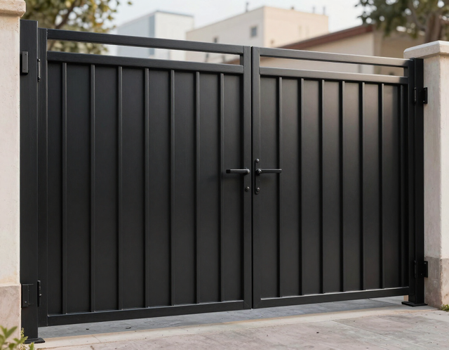 Puerta de entrada de metal negro con pestillo central, cerrada contra una pared de estuco claro.