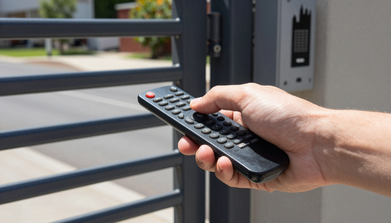 Una mano sostiene un control remoto cerca de un teclado de puerta de metal gris en el exterior.