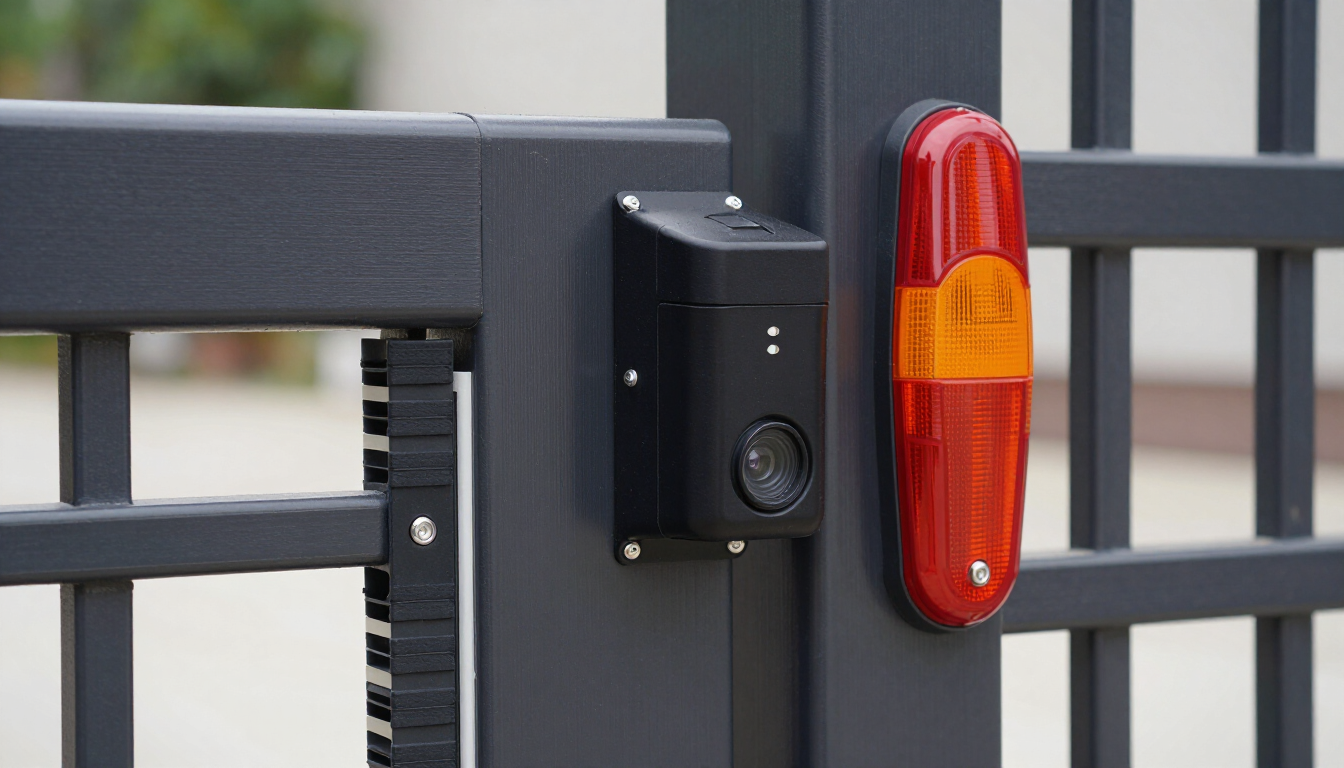 Puerta metálica negra con intercomunicador de teclado y luz de seguridad rojo-anaranjada montada en el poste.