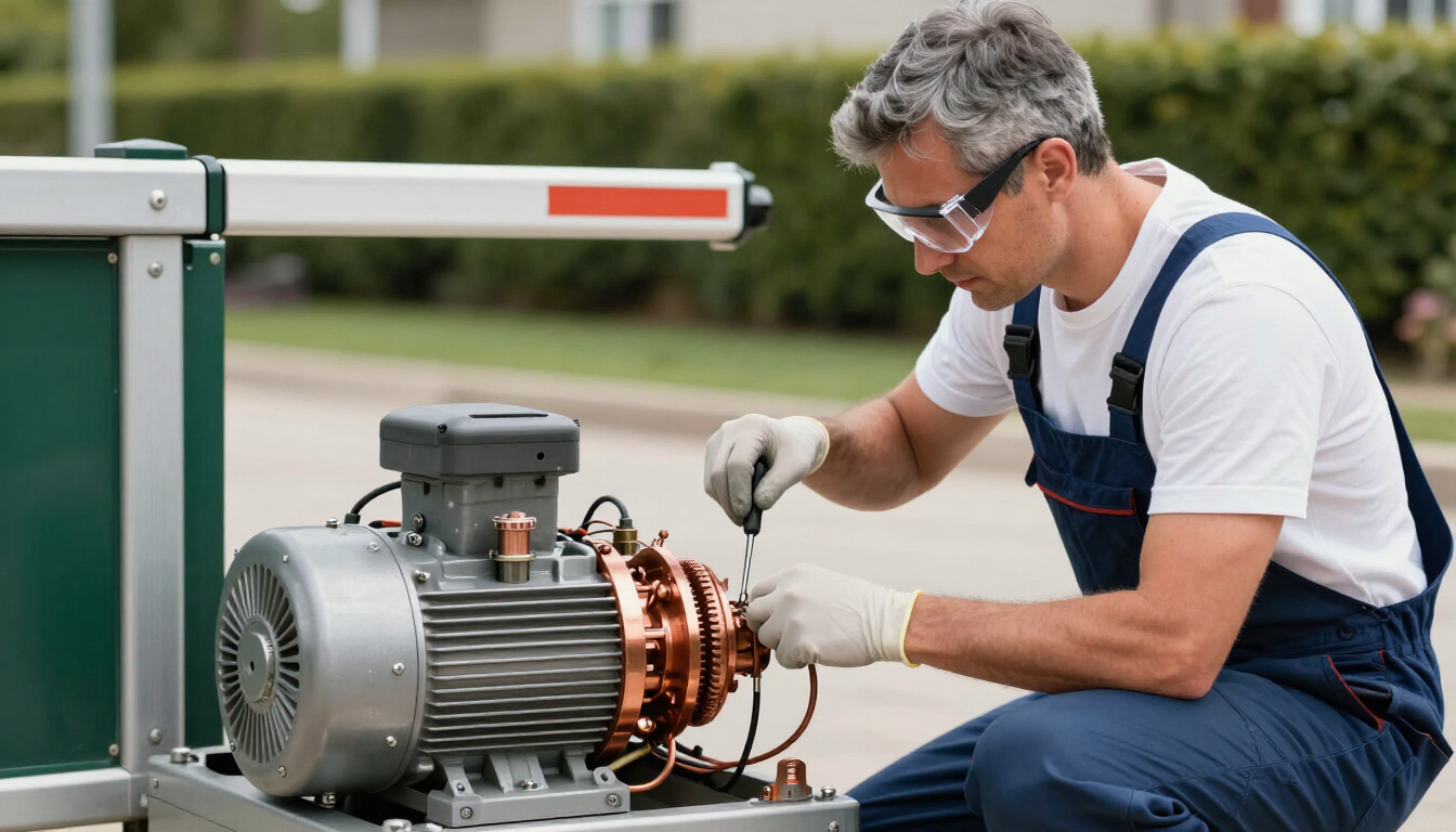 Técnico con mono azul reparando un motor eléctrico al aire libre con herramientas y guantes.