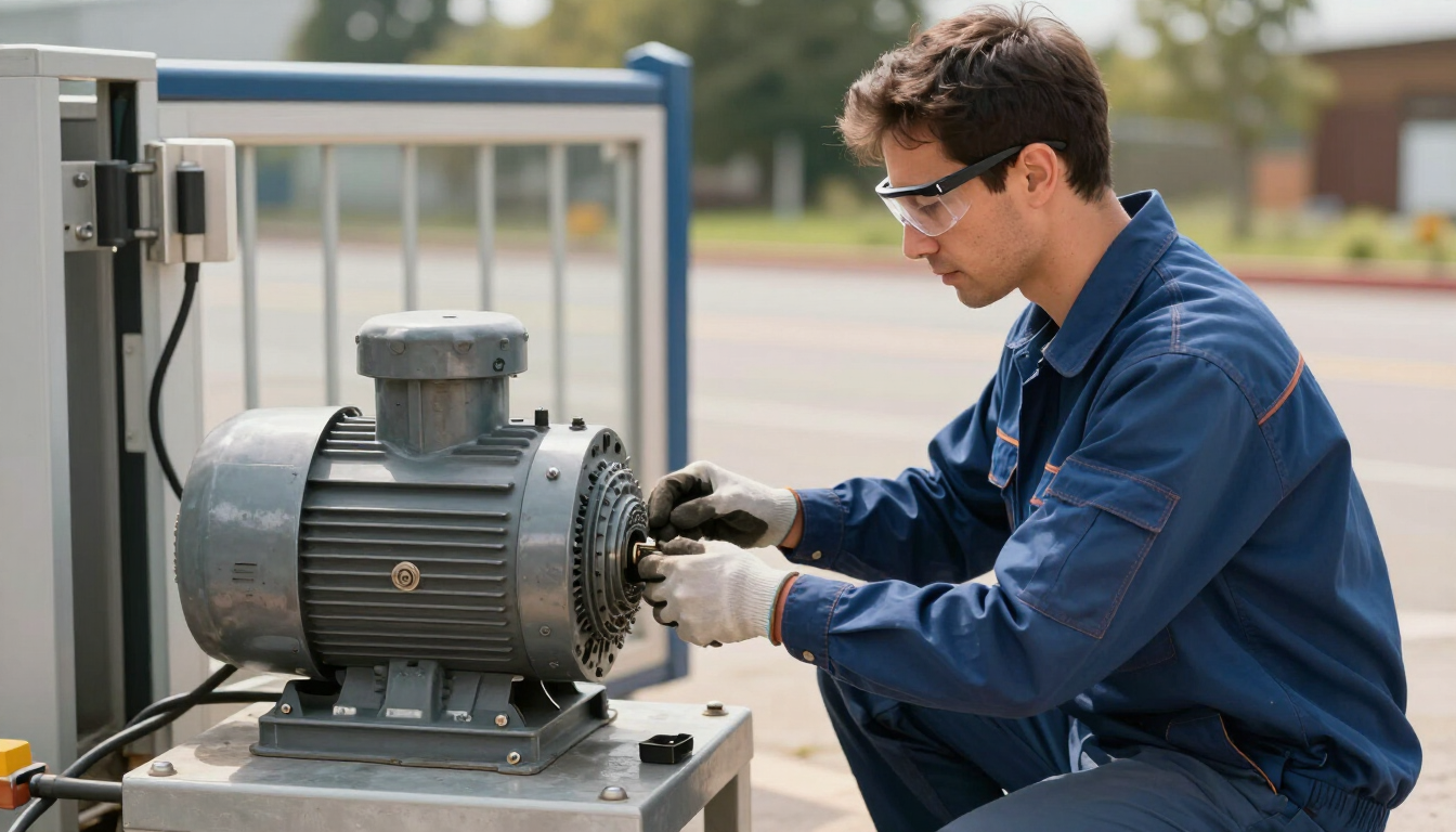 Técnico con mono azul inspeccionando un gran motor industrial al aire libre.