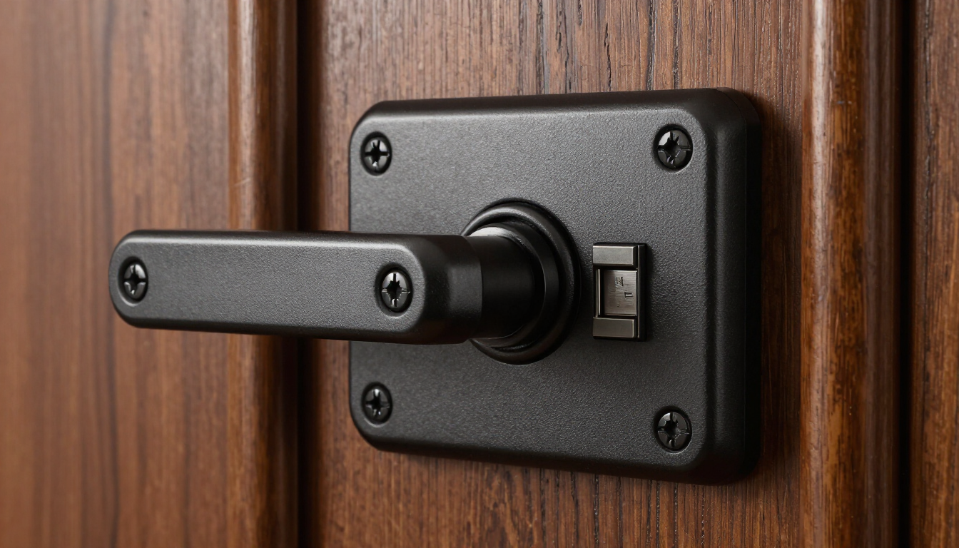 Primer plano de un candado negro que asegura una puerta metálica.