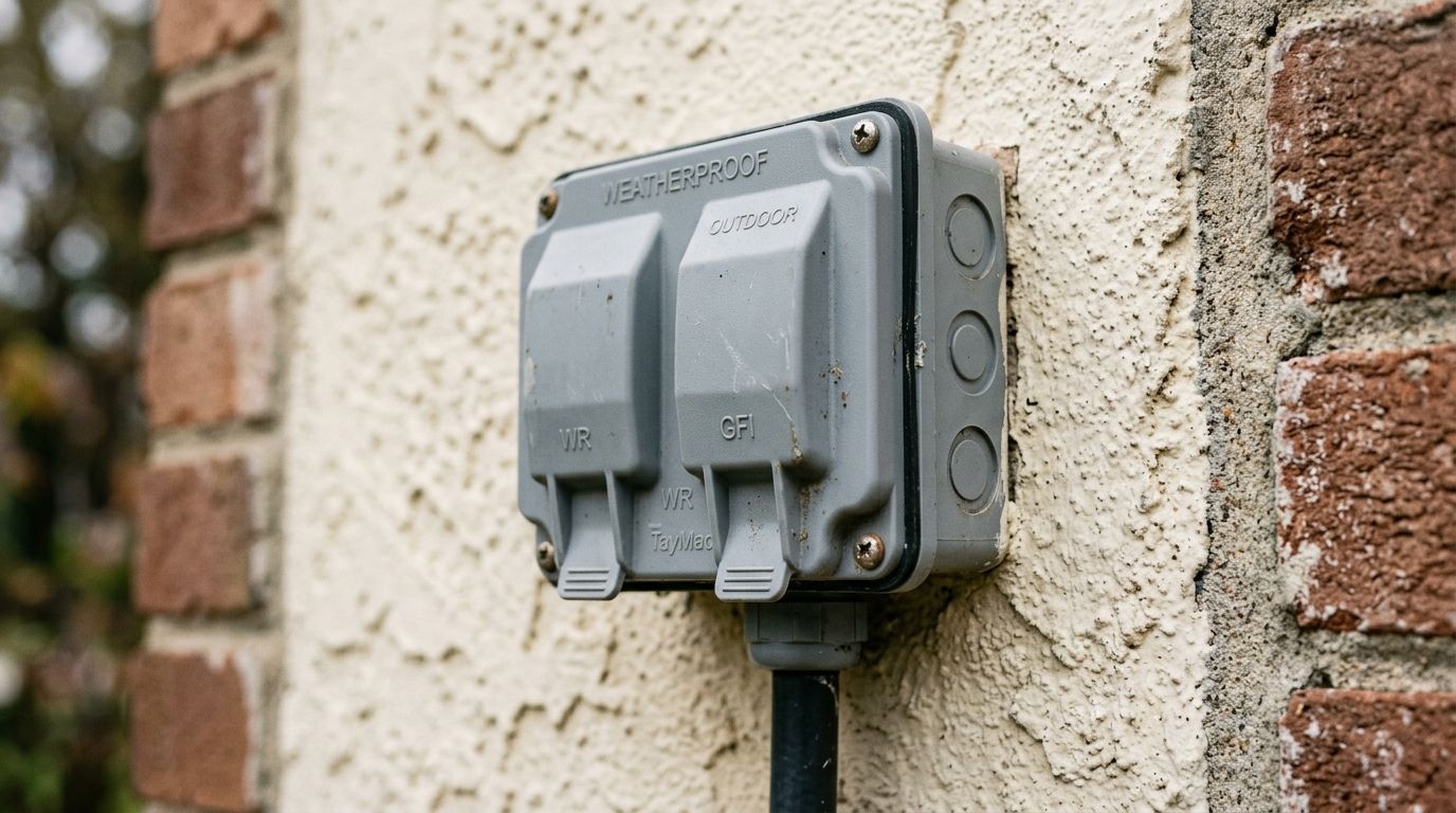 Gray outdoor electrical outlet box mounted on a stucco wall beside brickwork