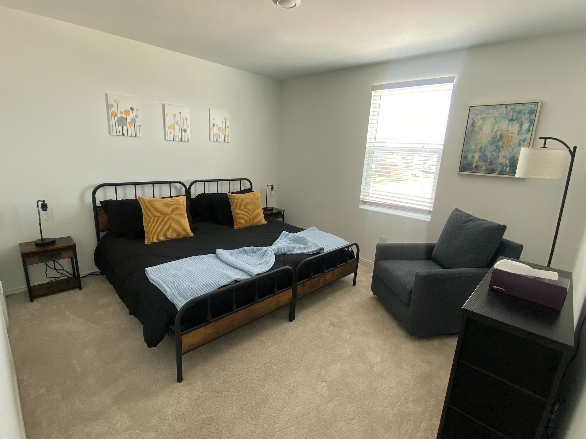 Bedroom with a black metal bed, gray chair, dresser, and light decor in a bright room