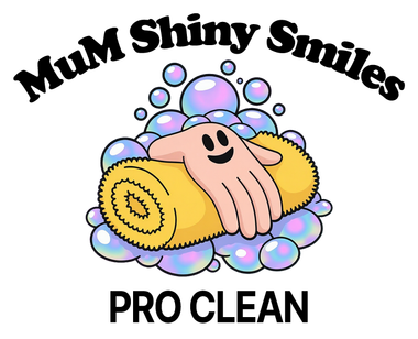 Logo: Cartoon hand holding a rolled yellow towel in soap bubbles,
