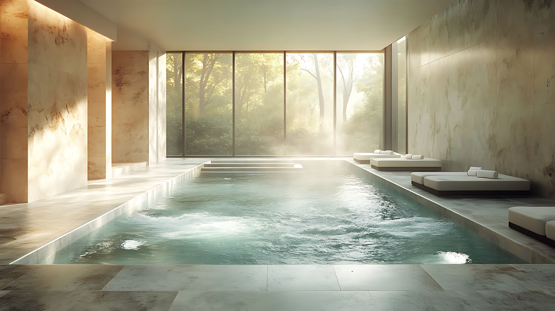 Indoor pool with stone walls, large window showing trees, and lounge chairs.